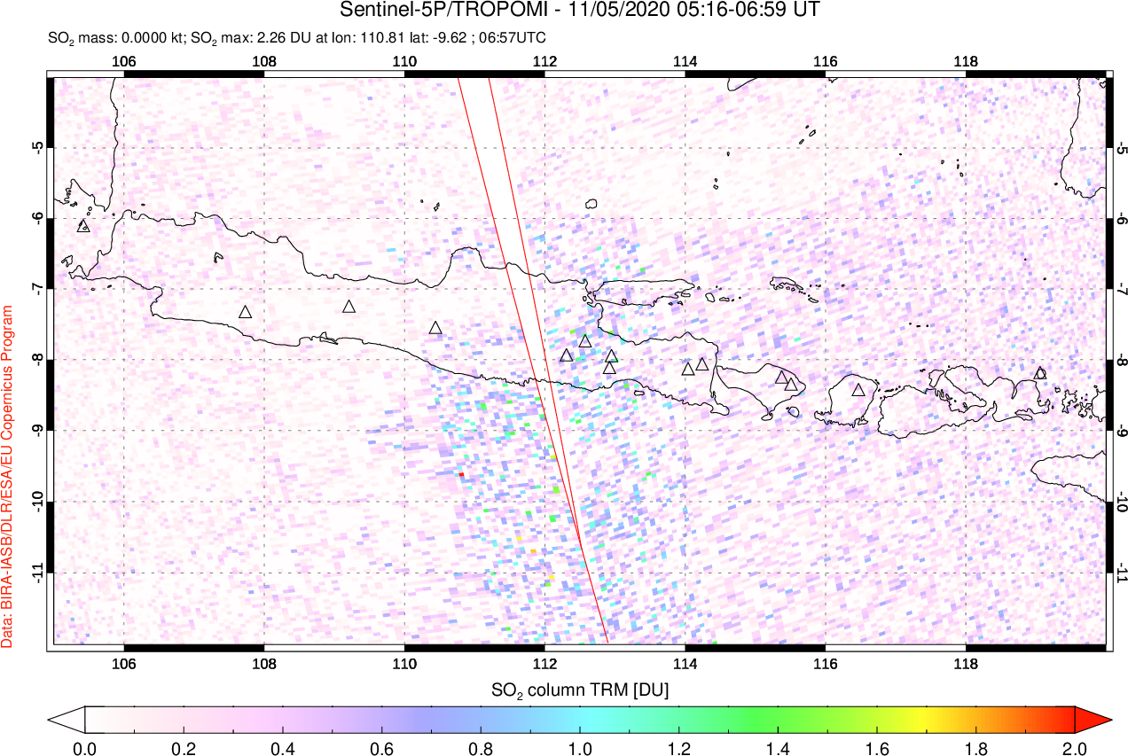 A sulfur dioxide image over Java, Indonesia on Nov 05, 2020.