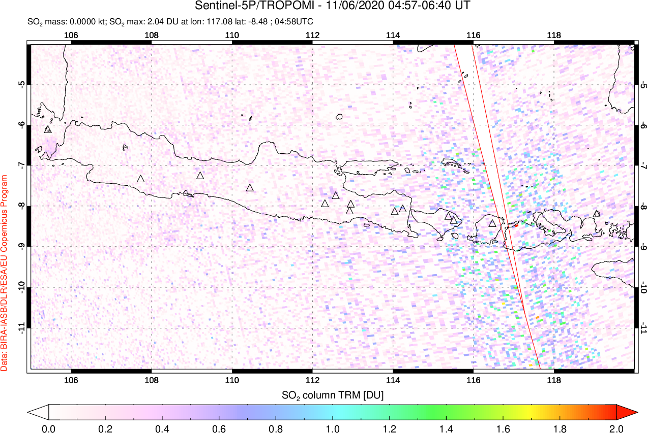 A sulfur dioxide image over Java, Indonesia on Nov 06, 2020.