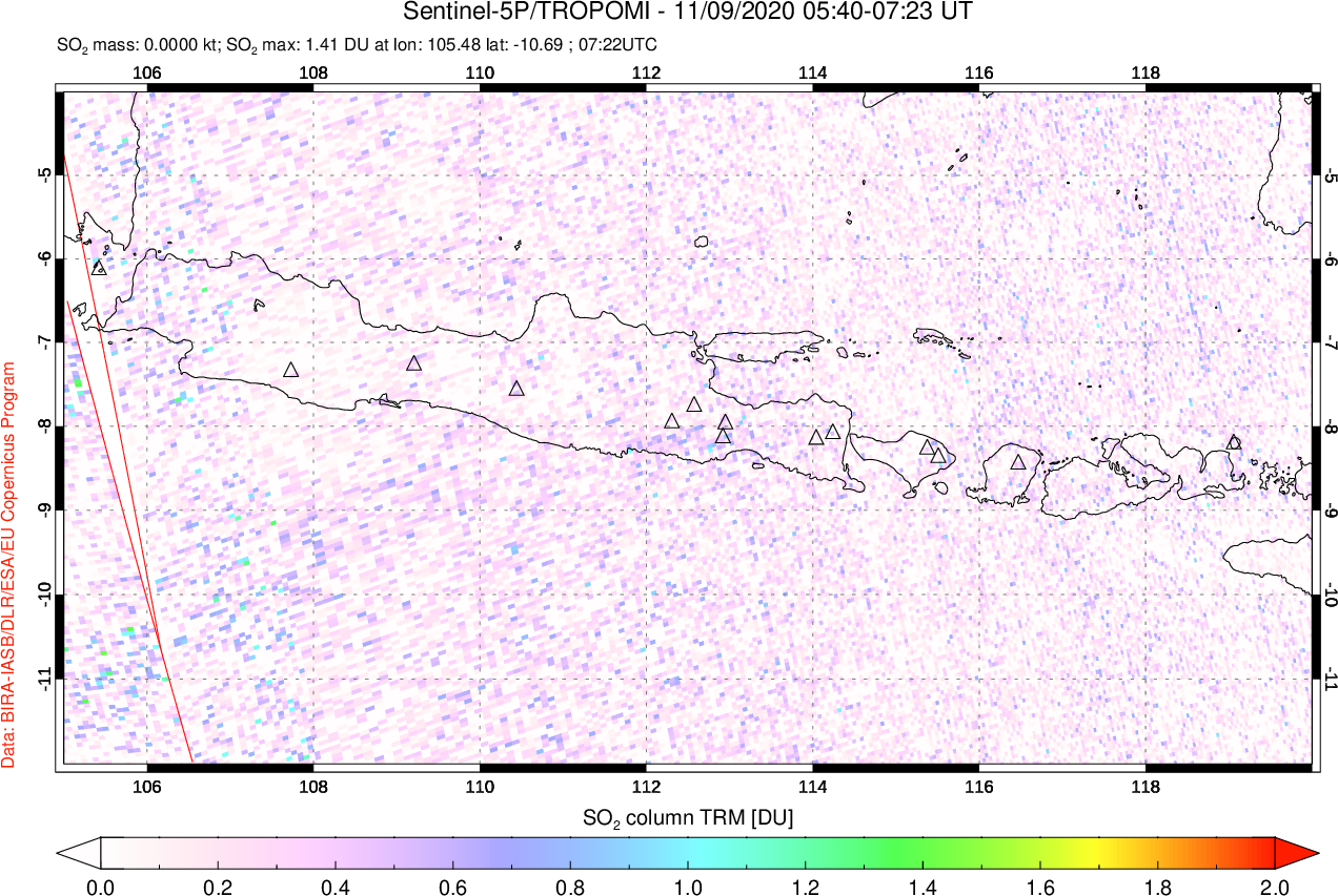 A sulfur dioxide image over Java, Indonesia on Nov 09, 2020.