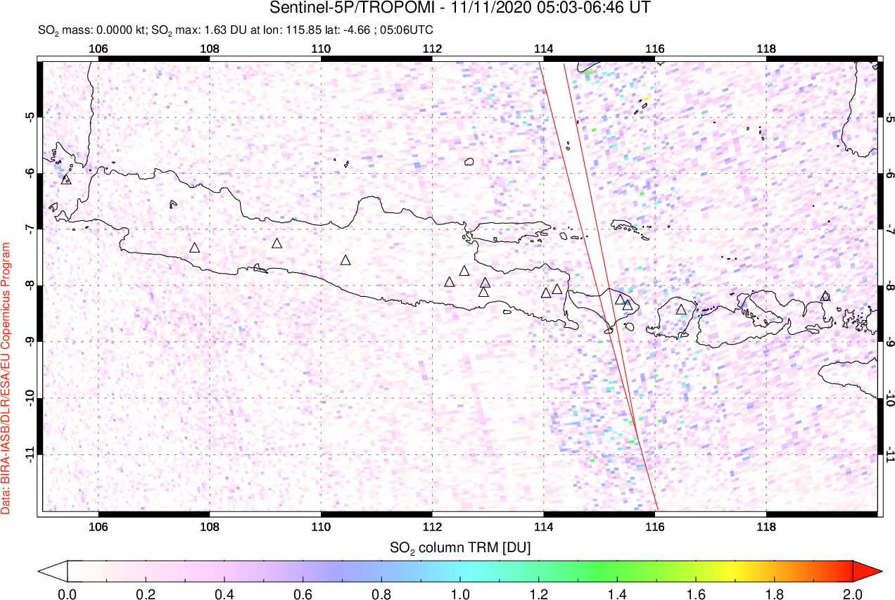 A sulfur dioxide image over Java, Indonesia on Nov 11, 2020.