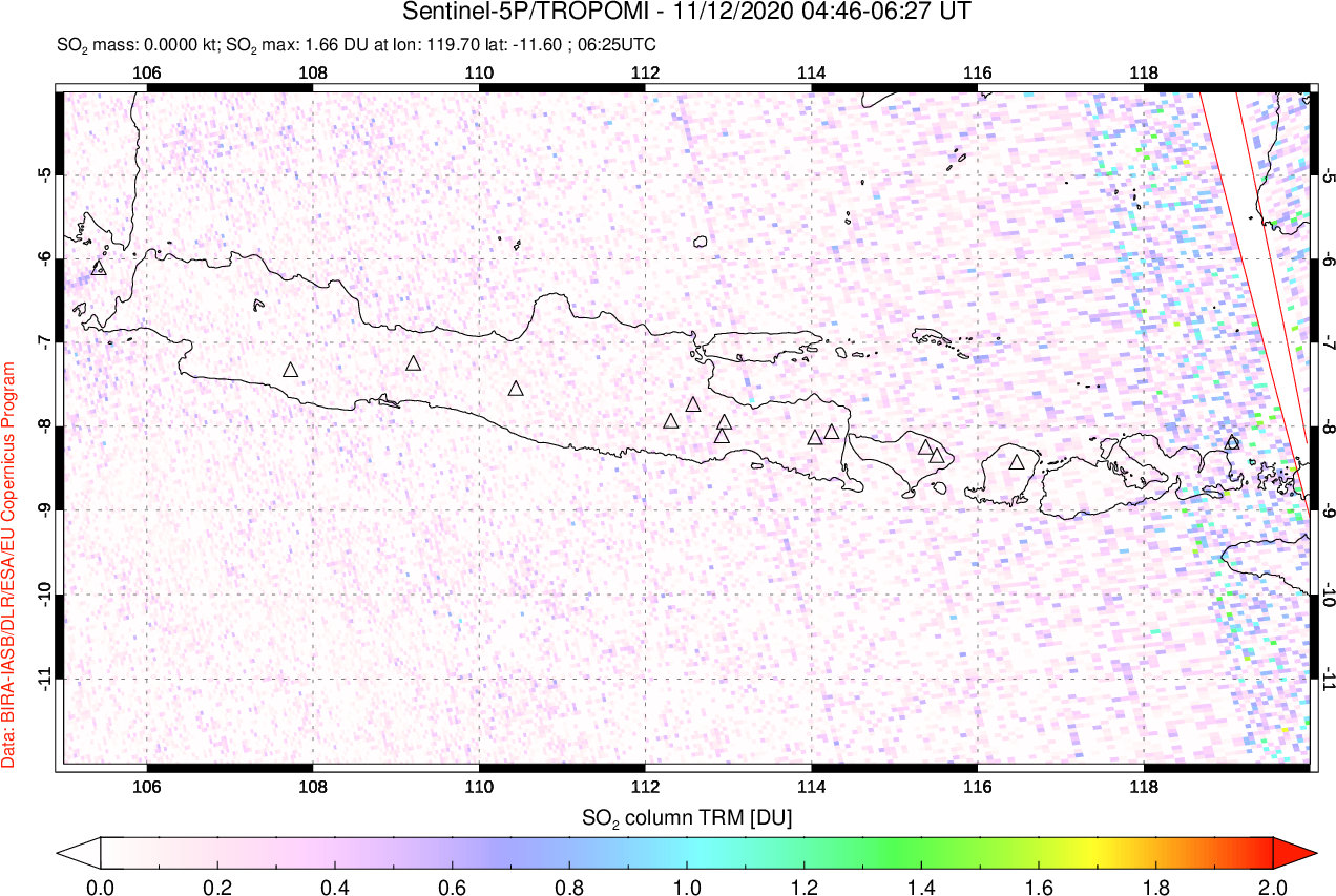 A sulfur dioxide image over Java, Indonesia on Nov 12, 2020.