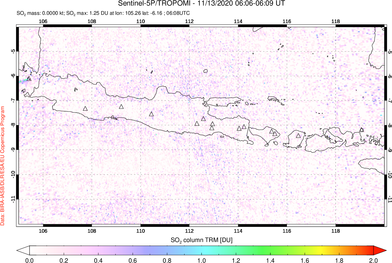 A sulfur dioxide image over Java, Indonesia on Nov 13, 2020.