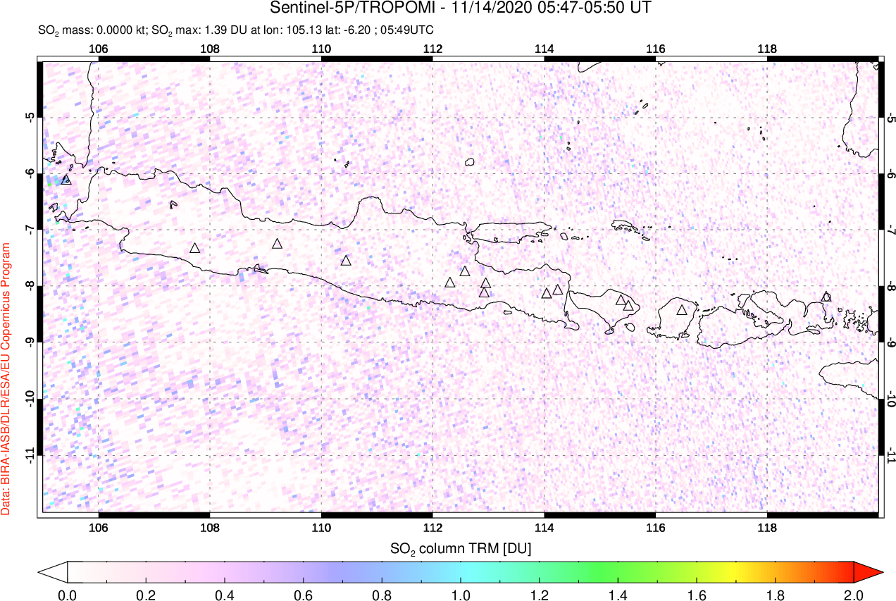 A sulfur dioxide image over Java, Indonesia on Nov 14, 2020.