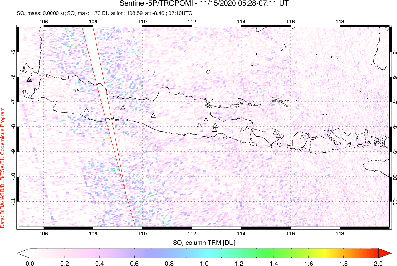 A sulfur dioxide image over Java, Indonesia on Nov 15, 2020.