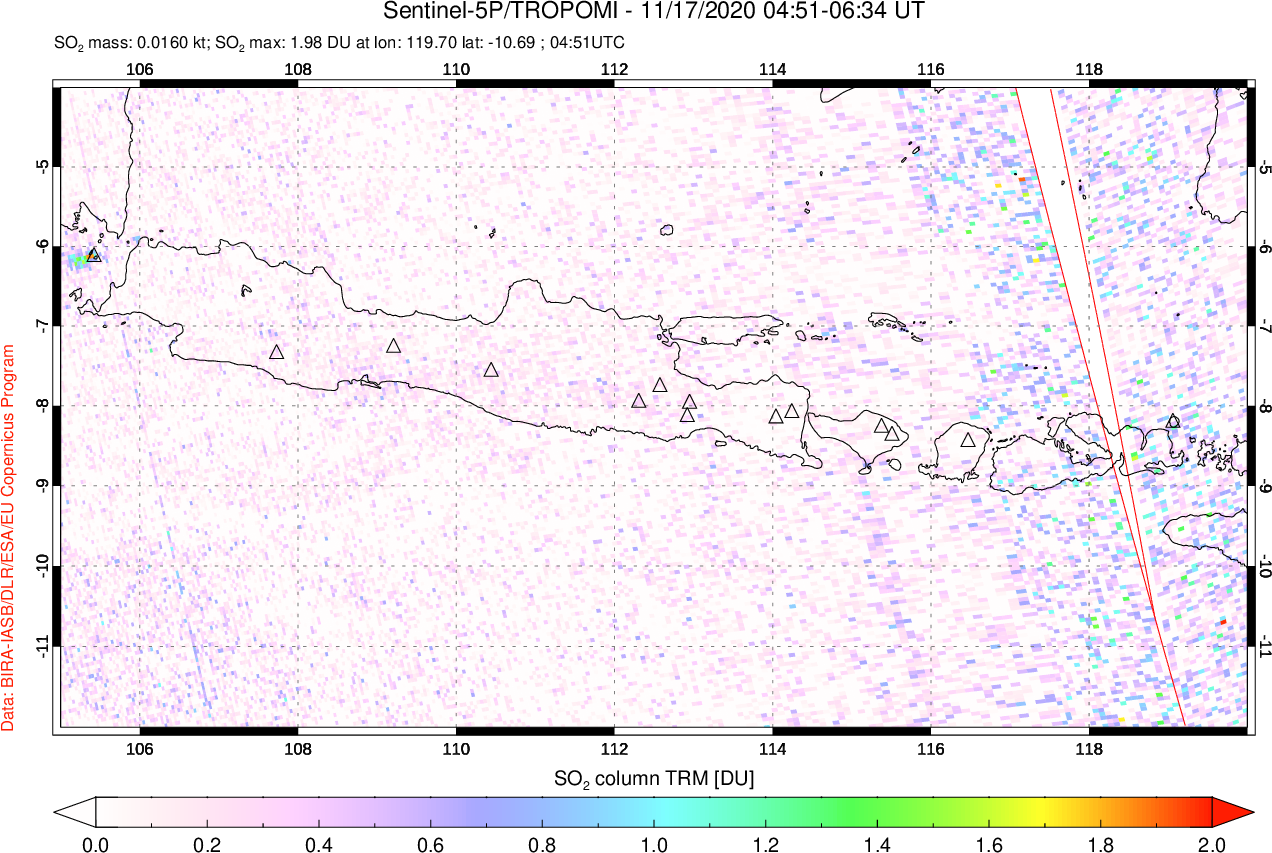 A sulfur dioxide image over Java, Indonesia on Nov 17, 2020.