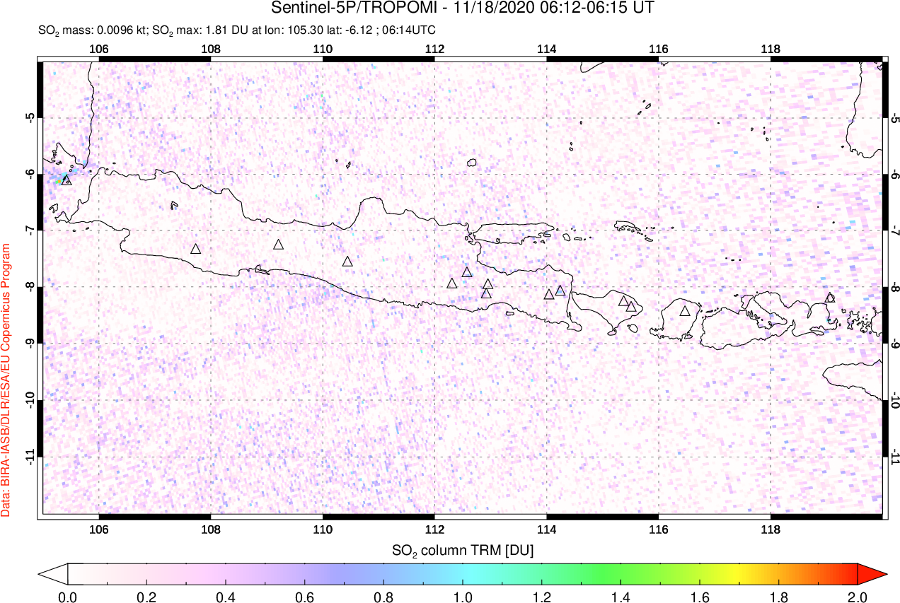 A sulfur dioxide image over Java, Indonesia on Nov 18, 2020.