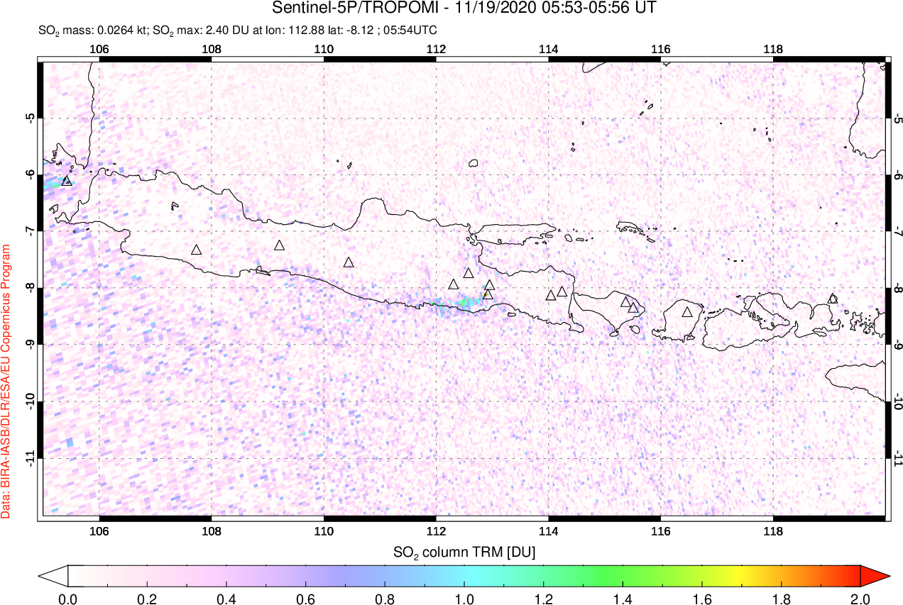 A sulfur dioxide image over Java, Indonesia on Nov 19, 2020.