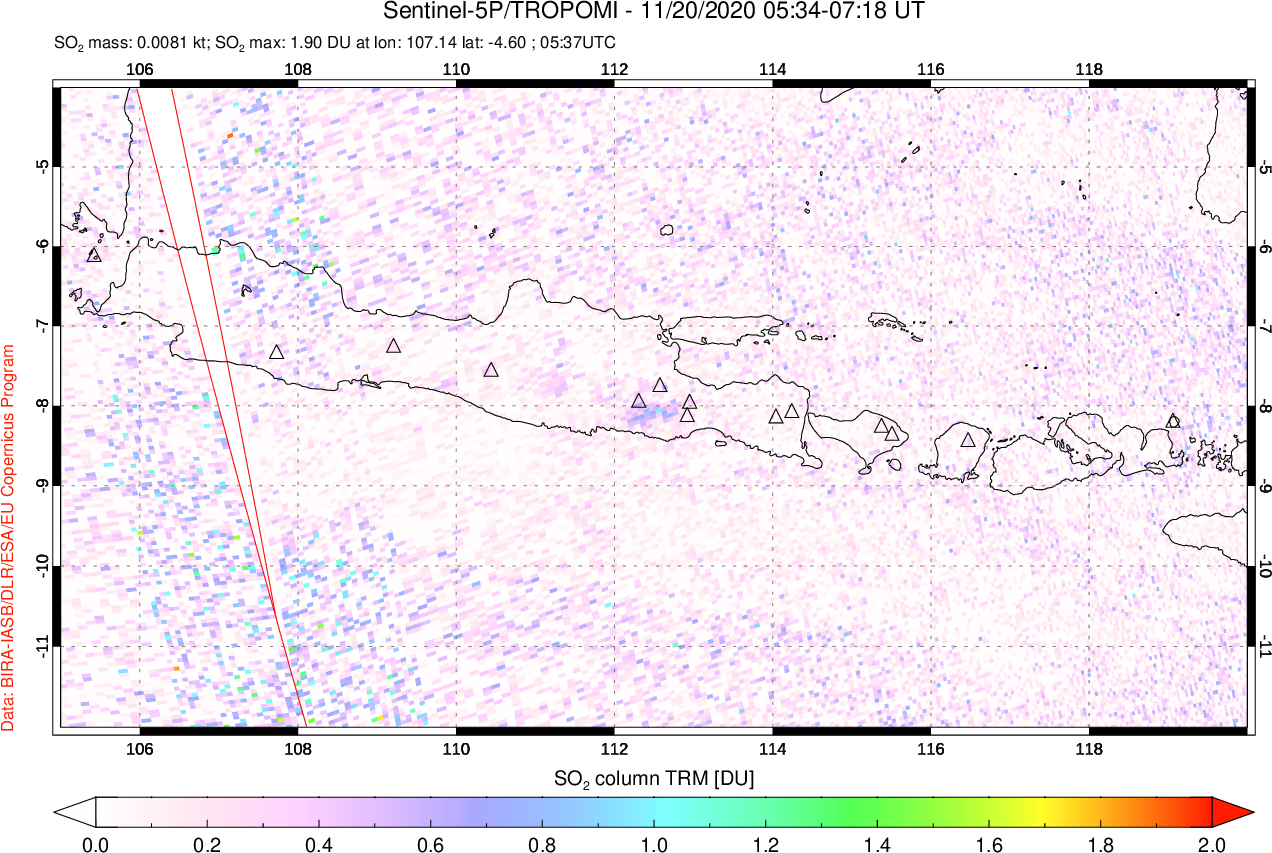 A sulfur dioxide image over Java, Indonesia on Nov 20, 2020.