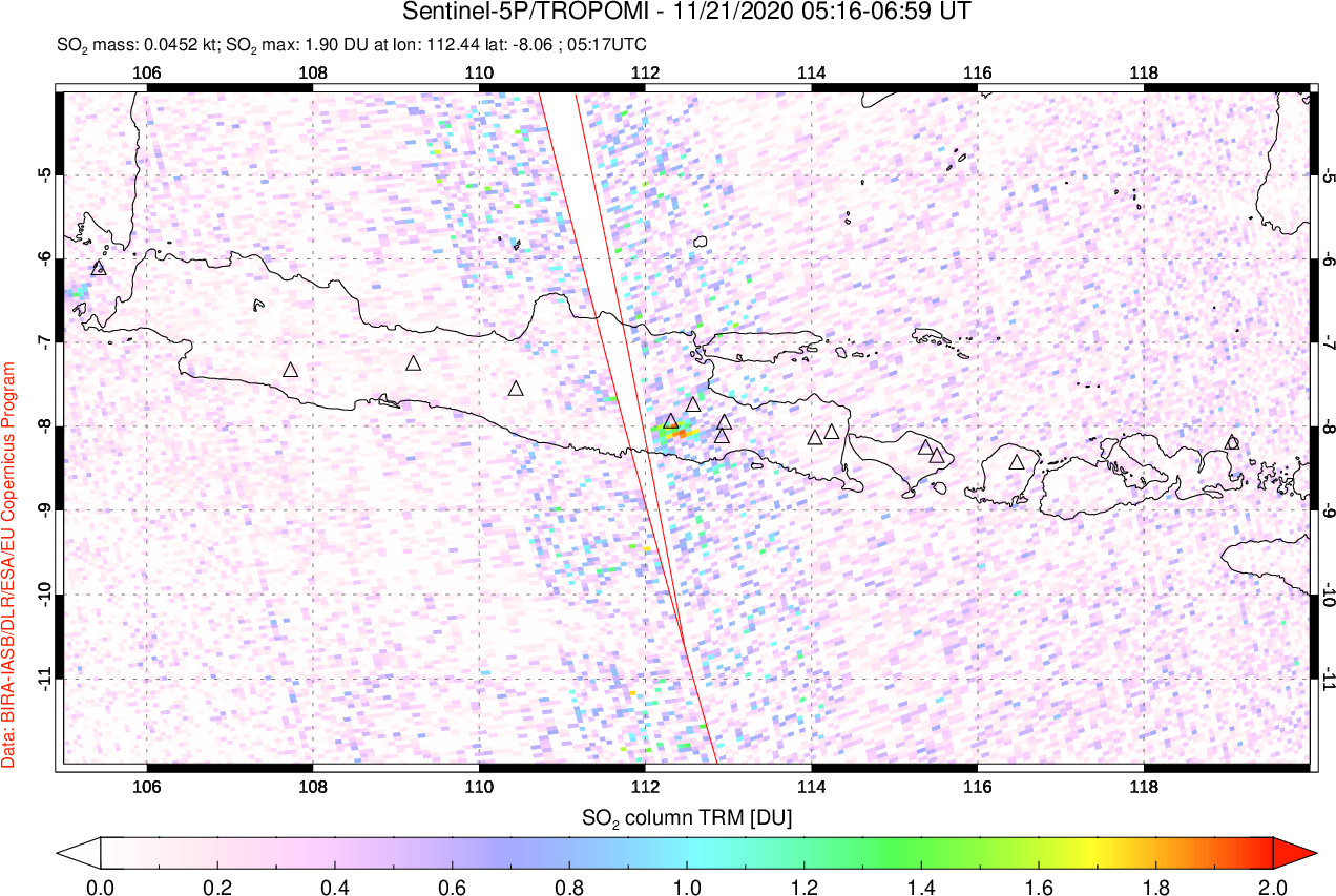 A sulfur dioxide image over Java, Indonesia on Nov 21, 2020.
