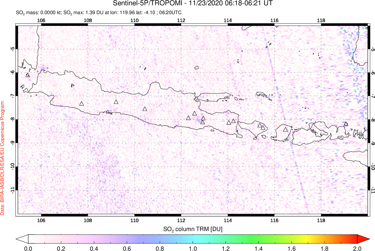 A sulfur dioxide image over Java, Indonesia on Nov 23, 2020.