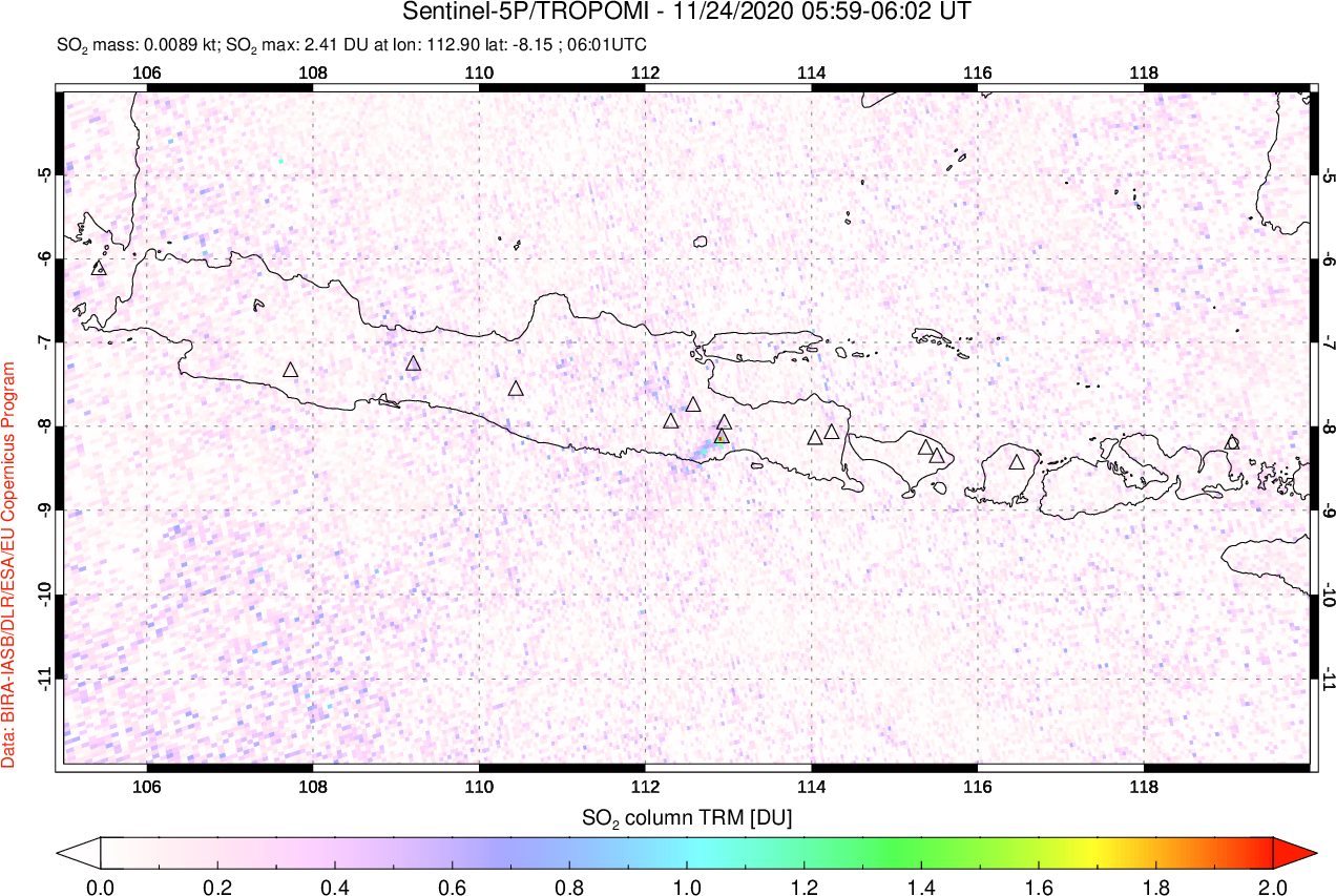 A sulfur dioxide image over Java, Indonesia on Nov 24, 2020.