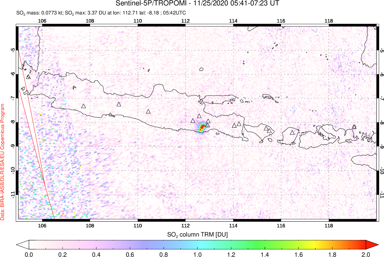 A sulfur dioxide image over Java, Indonesia on Nov 25, 2020.