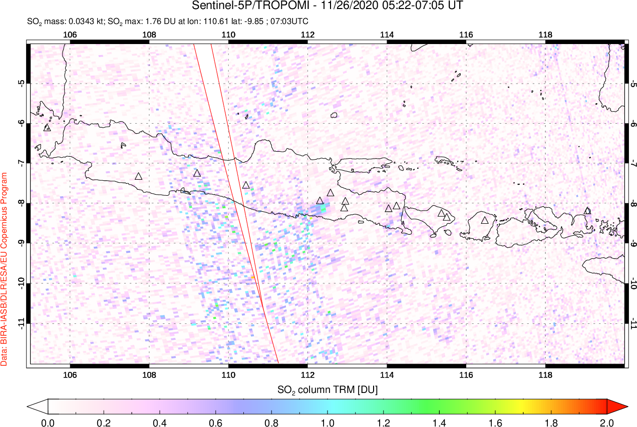 A sulfur dioxide image over Java, Indonesia on Nov 26, 2020.