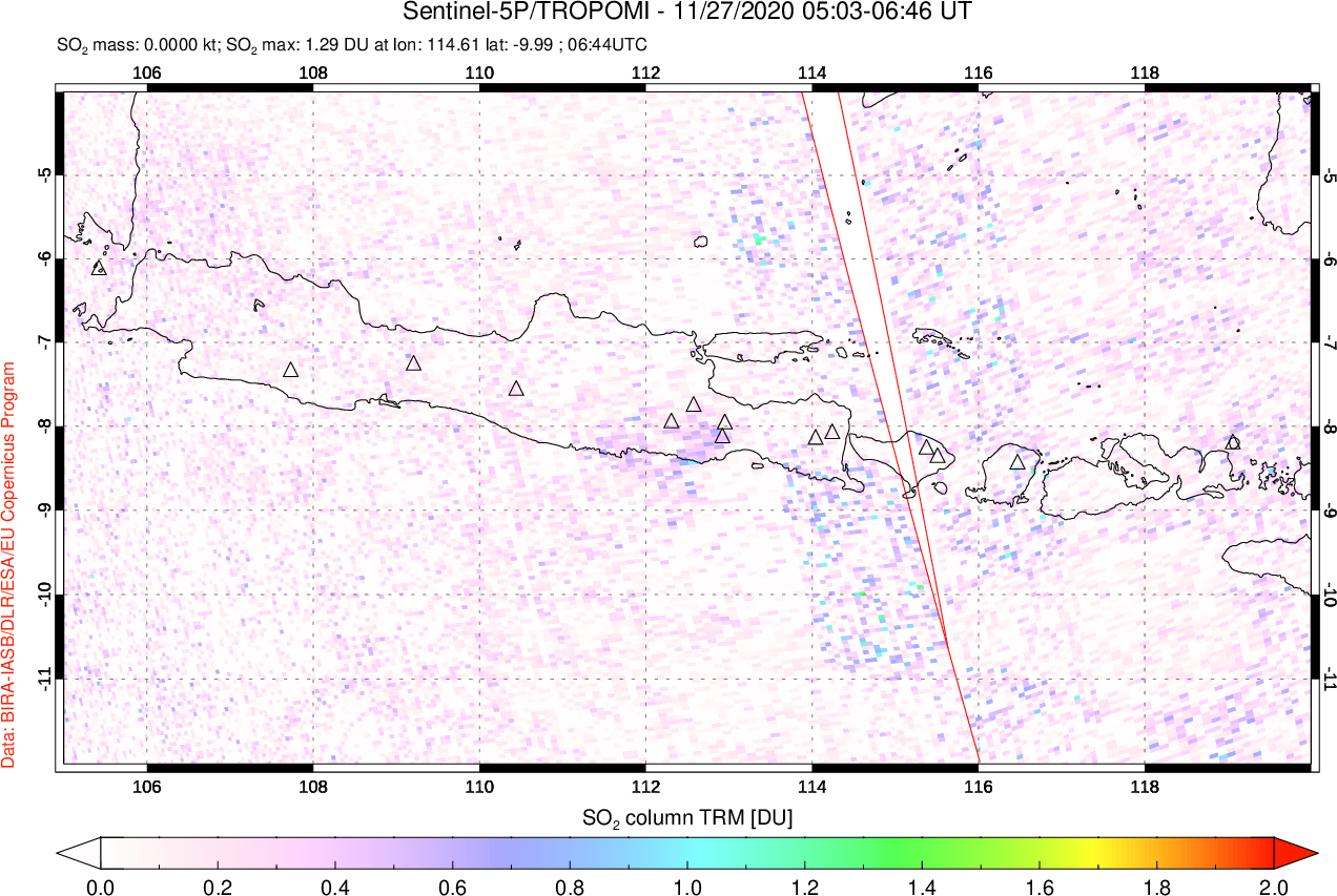 A sulfur dioxide image over Java, Indonesia on Nov 27, 2020.