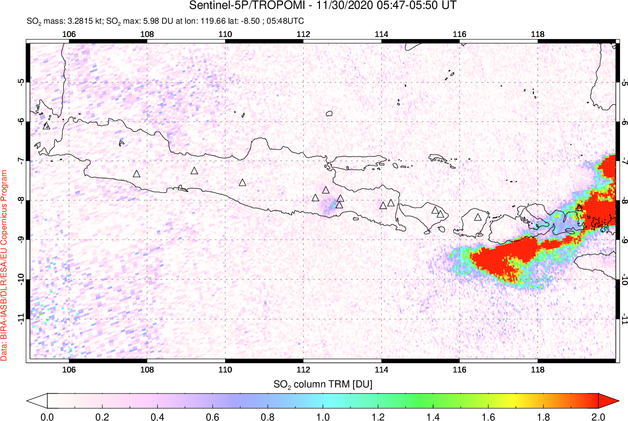 A sulfur dioxide image over Java, Indonesia on Nov 30, 2020.