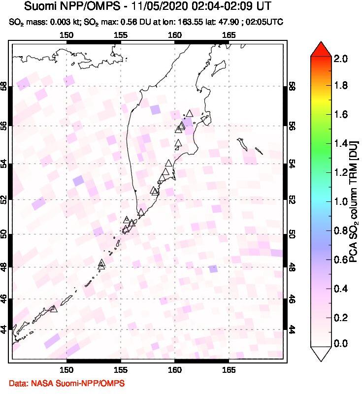 A sulfur dioxide image over Kamchatka, Russian Federation on Nov 05, 2020.