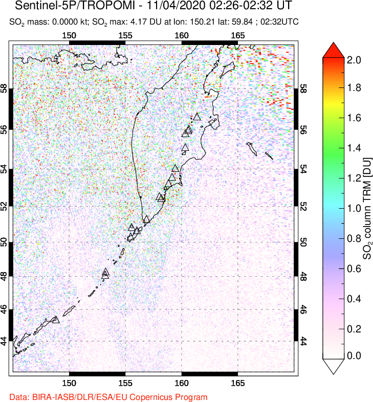 A sulfur dioxide image over Kamchatka, Russian Federation on Nov 04, 2020.