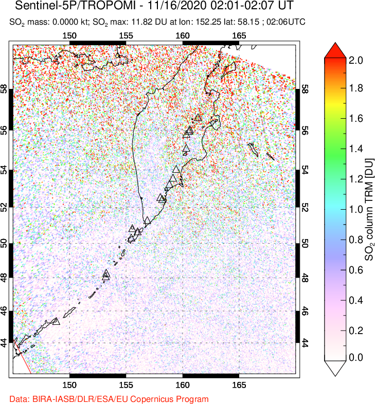 A sulfur dioxide image over Kamchatka, Russian Federation on Nov 16, 2020.