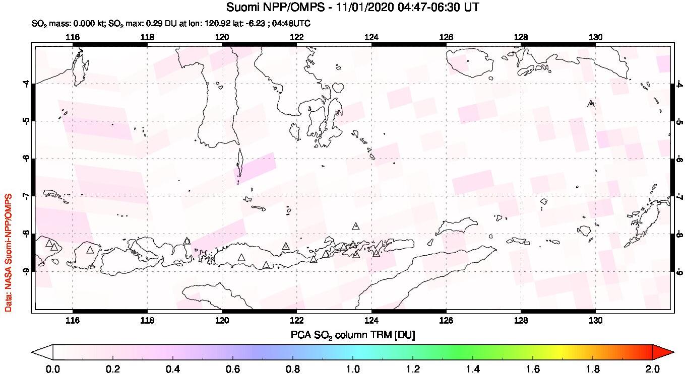 A sulfur dioxide image over Lesser Sunda Islands, Indonesia on Nov 01, 2020.