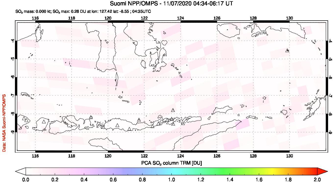 A sulfur dioxide image over Lesser Sunda Islands, Indonesia on Nov 07, 2020.