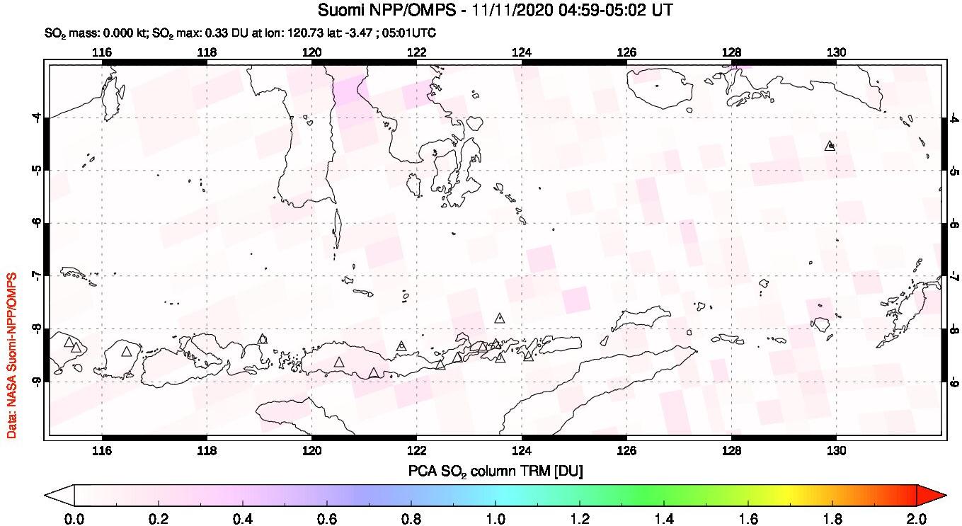 A sulfur dioxide image over Lesser Sunda Islands, Indonesia on Nov 11, 2020.