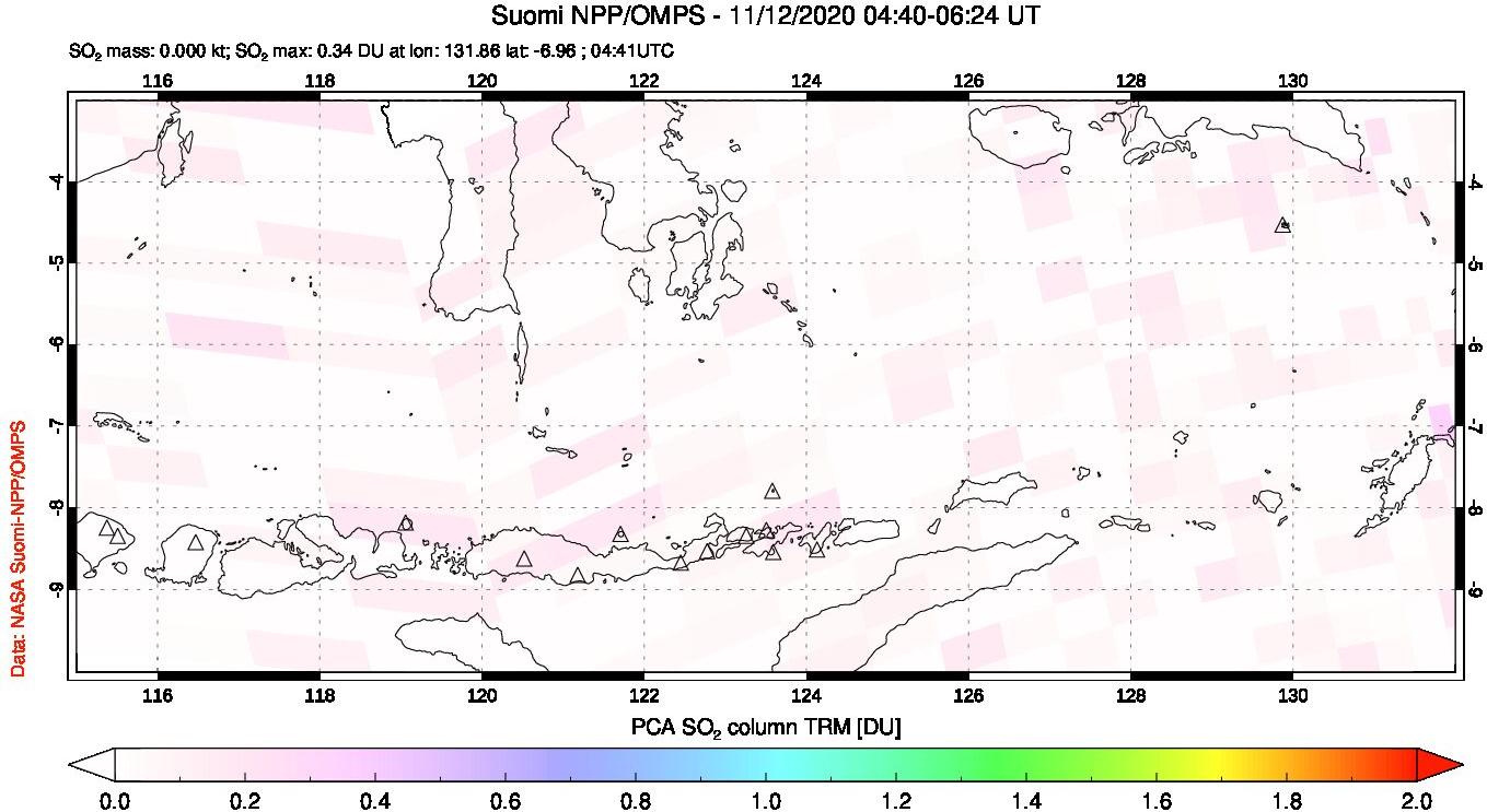 A sulfur dioxide image over Lesser Sunda Islands, Indonesia on Nov 12, 2020.