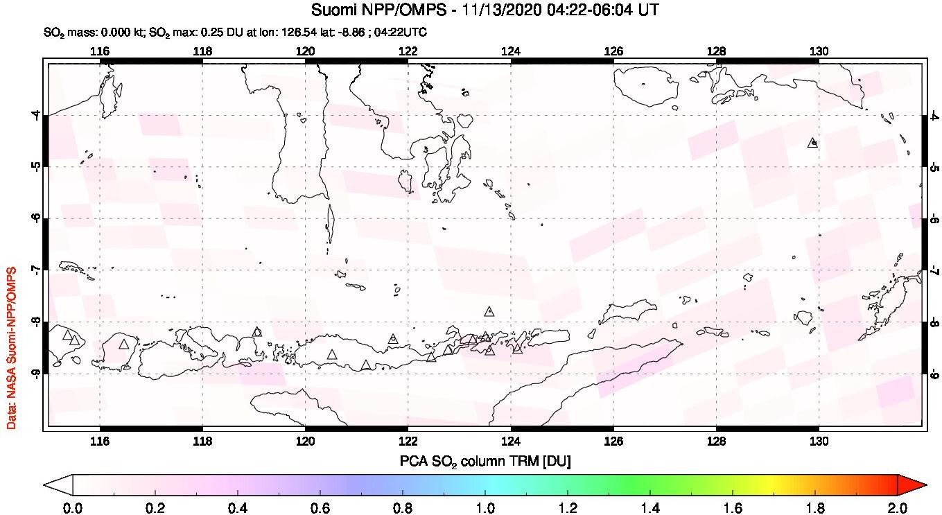 A sulfur dioxide image over Lesser Sunda Islands, Indonesia on Nov 13, 2020.