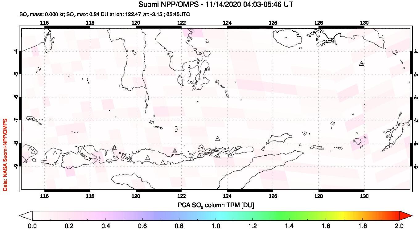 A sulfur dioxide image over Lesser Sunda Islands, Indonesia on Nov 14, 2020.