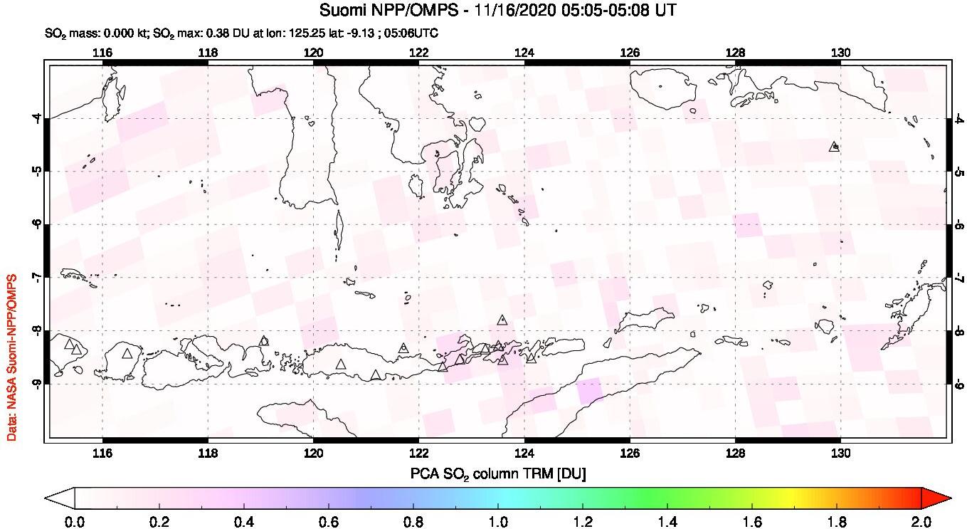 A sulfur dioxide image over Lesser Sunda Islands, Indonesia on Nov 16, 2020.