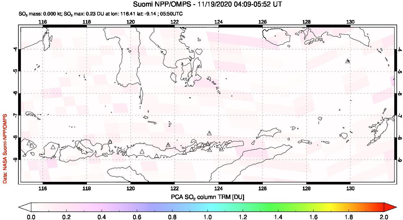 A sulfur dioxide image over Lesser Sunda Islands, Indonesia on Nov 19, 2020.