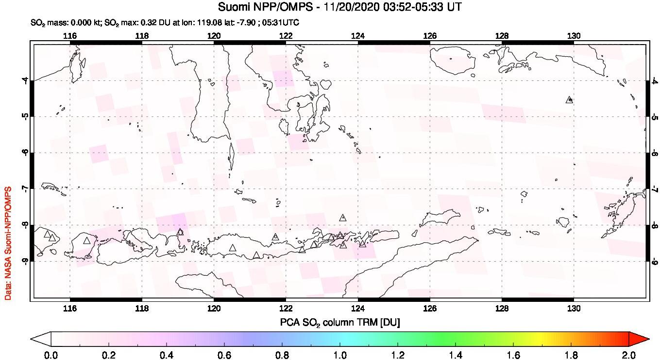 A sulfur dioxide image over Lesser Sunda Islands, Indonesia on Nov 20, 2020.