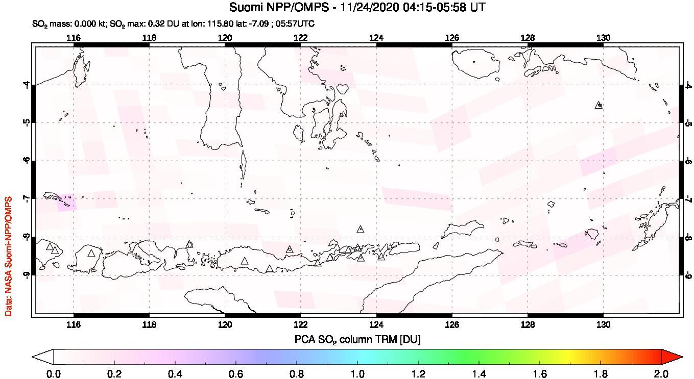 A sulfur dioxide image over Lesser Sunda Islands, Indonesia on Nov 24, 2020.