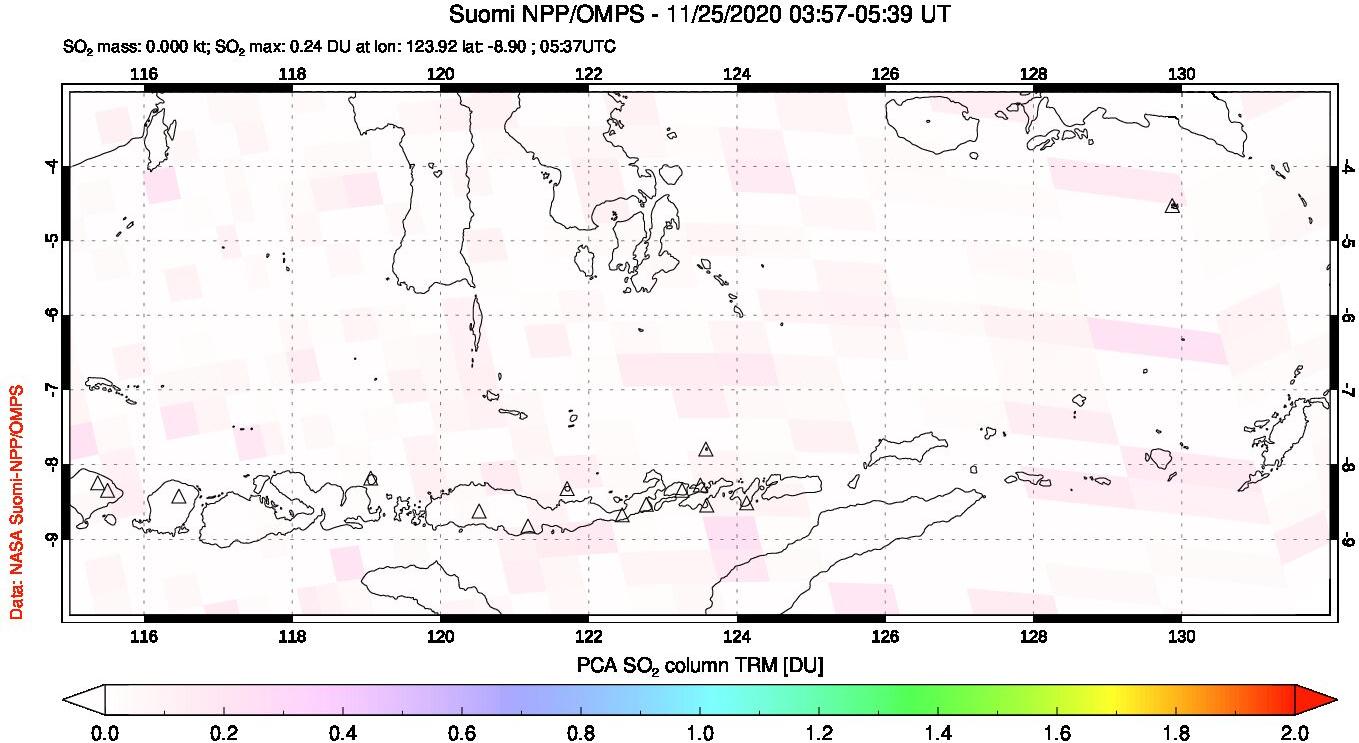 A sulfur dioxide image over Lesser Sunda Islands, Indonesia on Nov 25, 2020.