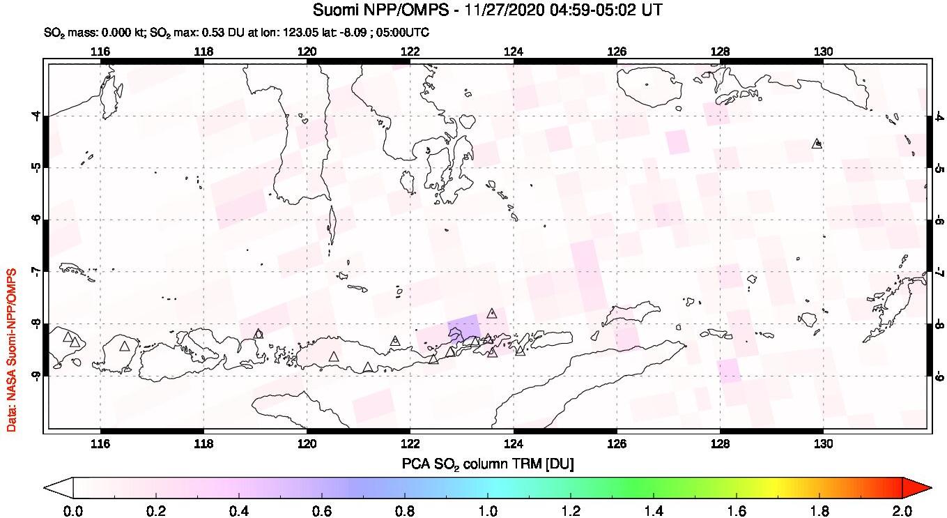 A sulfur dioxide image over Lesser Sunda Islands, Indonesia on Nov 27, 2020.