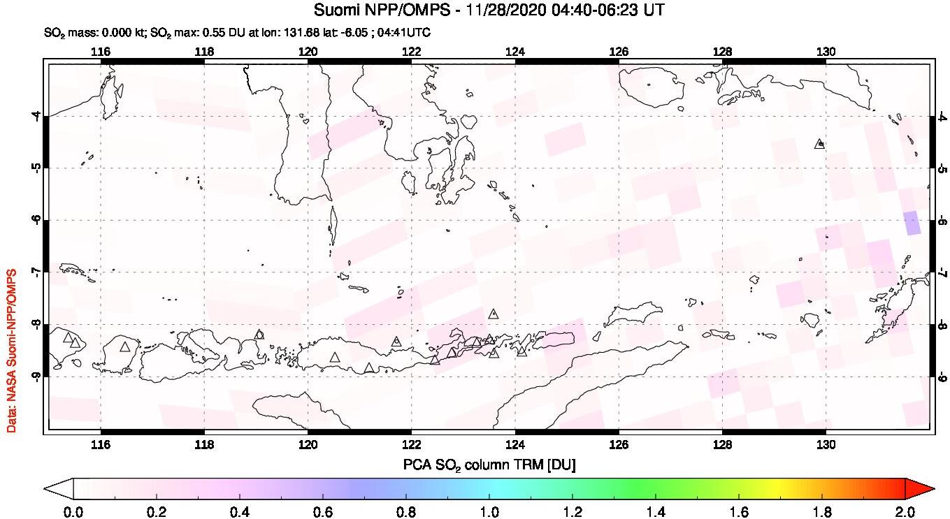 A sulfur dioxide image over Lesser Sunda Islands, Indonesia on Nov 28, 2020.