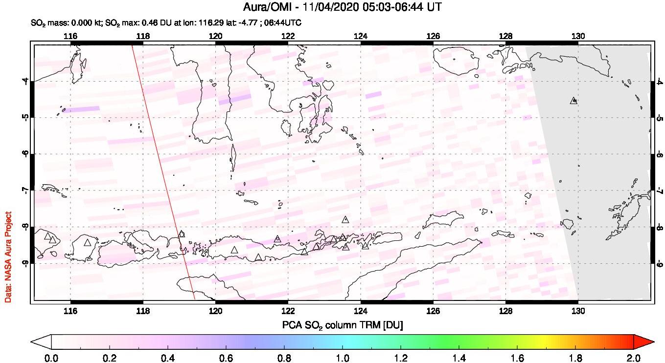 A sulfur dioxide image over Lesser Sunda Islands, Indonesia on Nov 04, 2020.