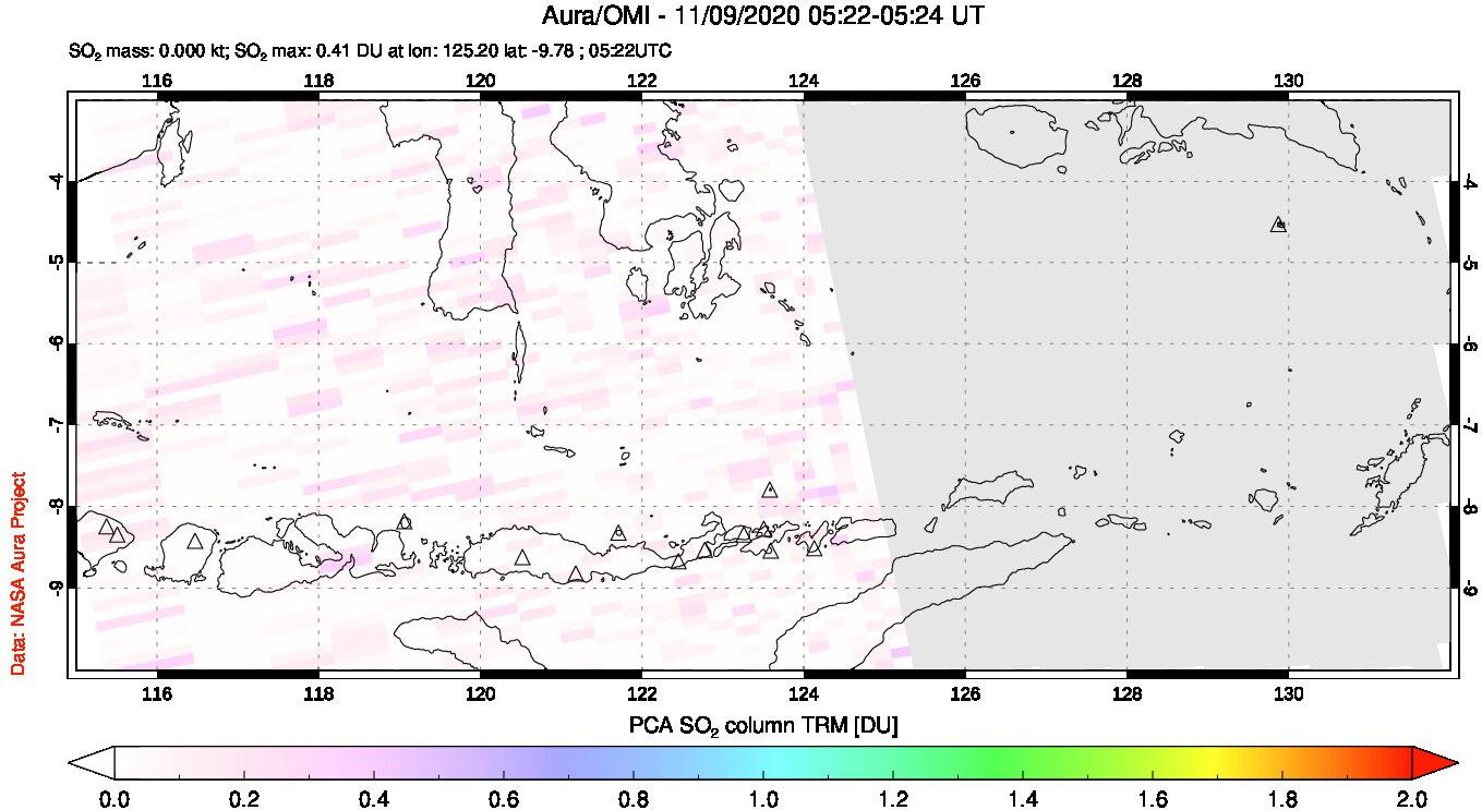 A sulfur dioxide image over Lesser Sunda Islands, Indonesia on Nov 09, 2020.