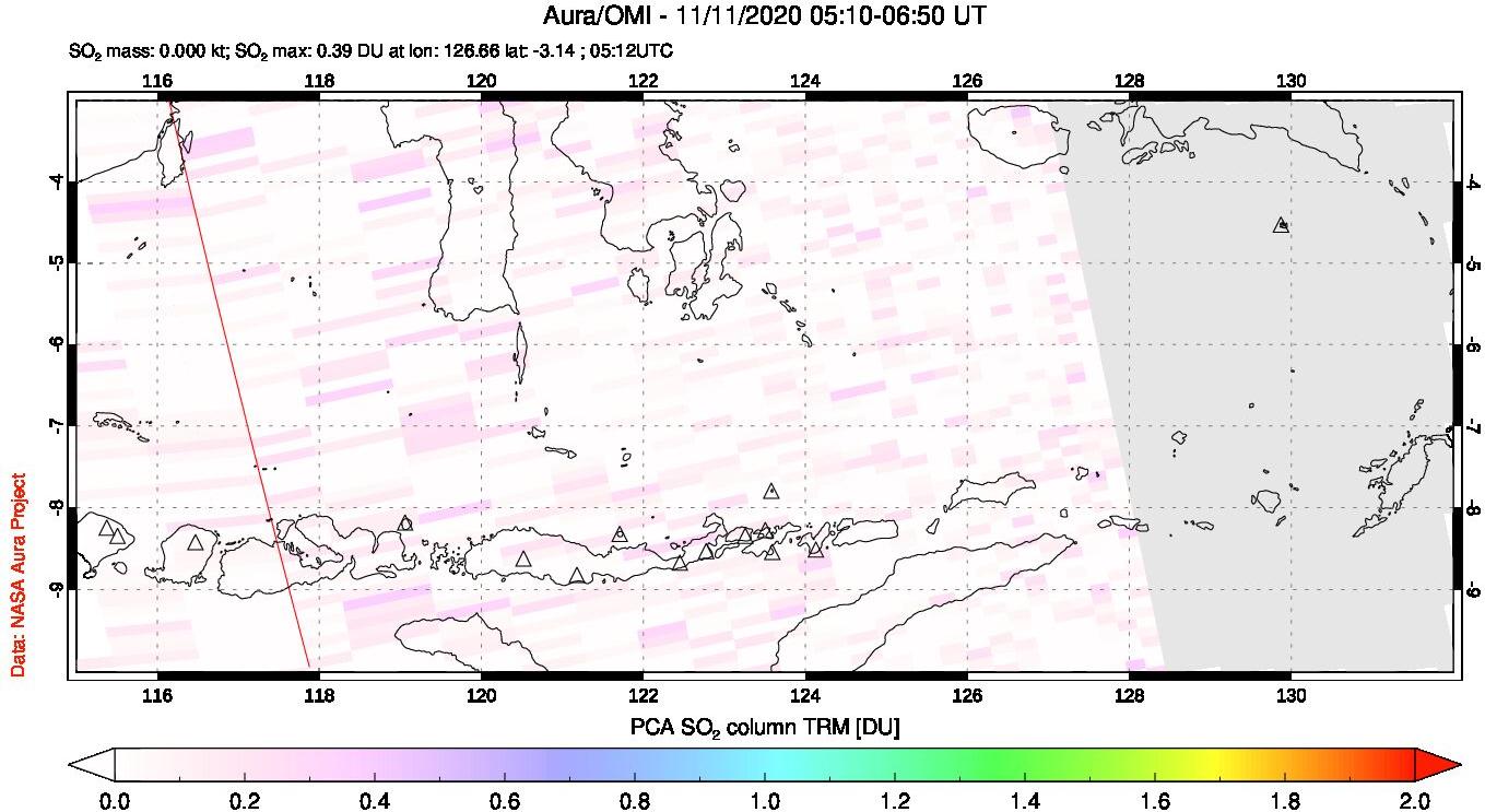 A sulfur dioxide image over Lesser Sunda Islands, Indonesia on Nov 11, 2020.