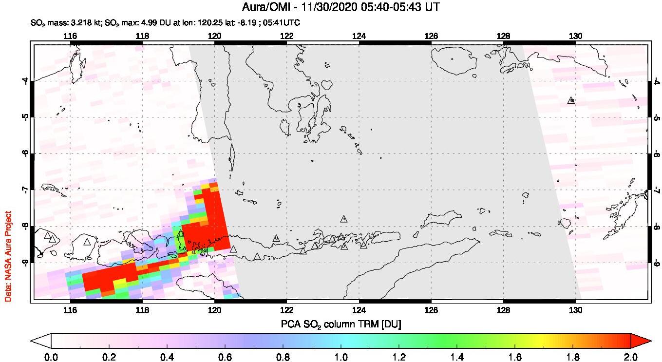 A sulfur dioxide image over Lesser Sunda Islands, Indonesia on Nov 30, 2020.