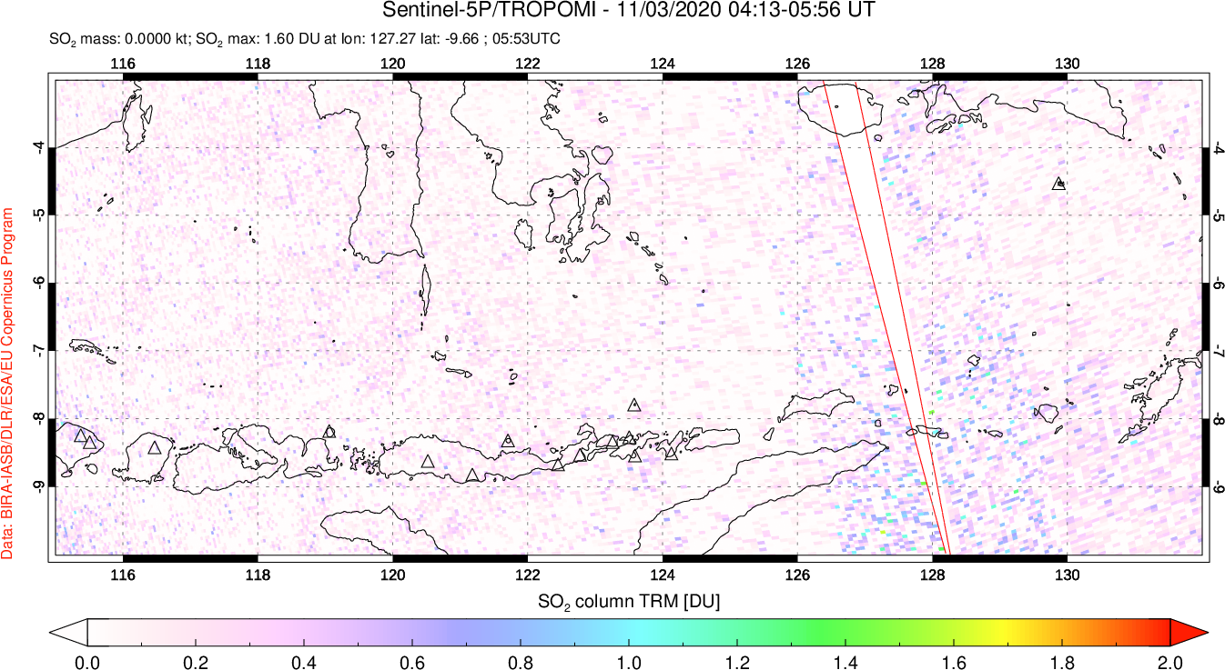 A sulfur dioxide image over Lesser Sunda Islands, Indonesia on Nov 03, 2020.
