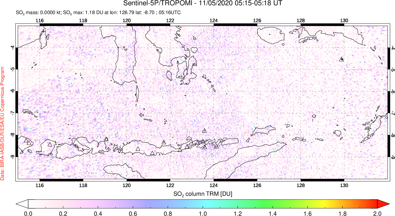 A sulfur dioxide image over Lesser Sunda Islands, Indonesia on Nov 05, 2020.