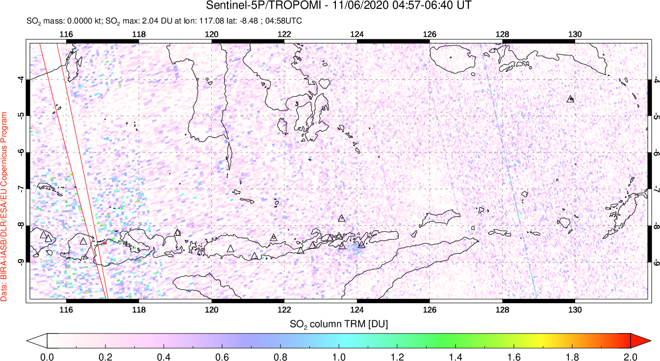 A sulfur dioxide image over Lesser Sunda Islands, Indonesia on Nov 06, 2020.