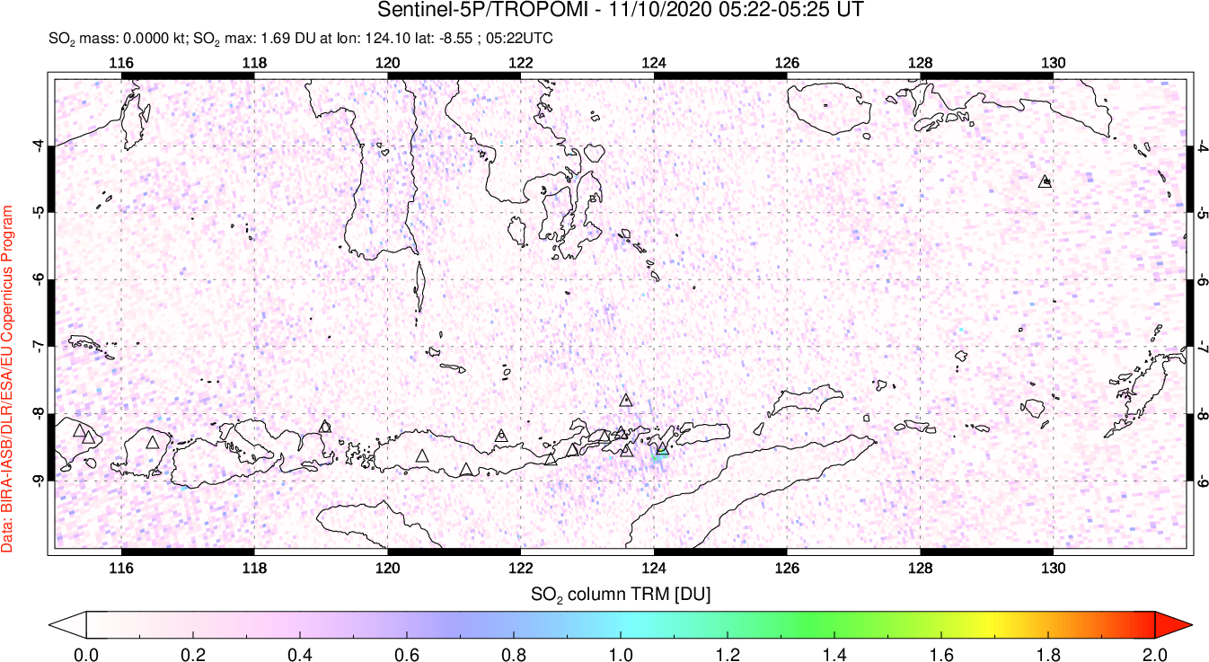 A sulfur dioxide image over Lesser Sunda Islands, Indonesia on Nov 10, 2020.