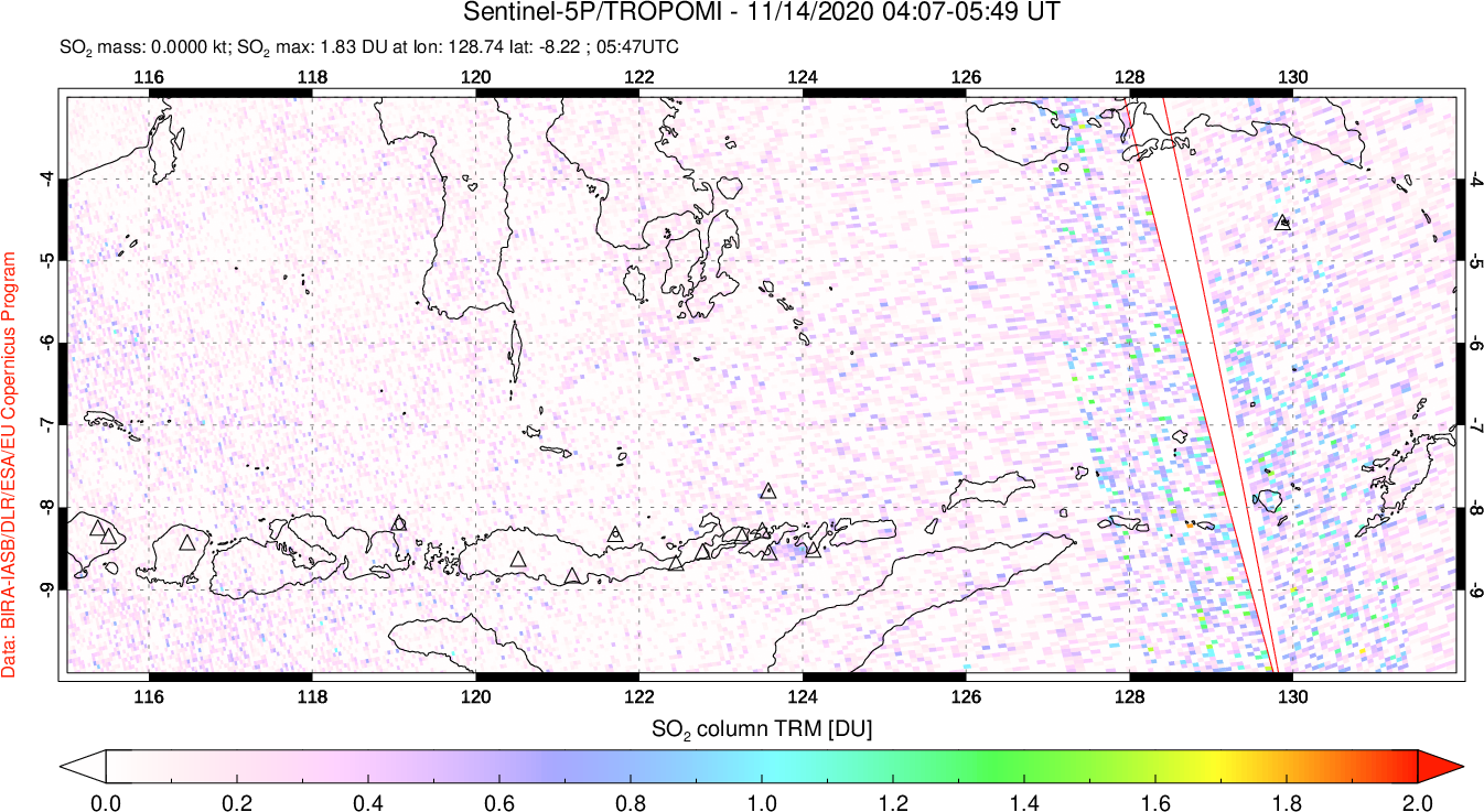 A sulfur dioxide image over Lesser Sunda Islands, Indonesia on Nov 14, 2020.