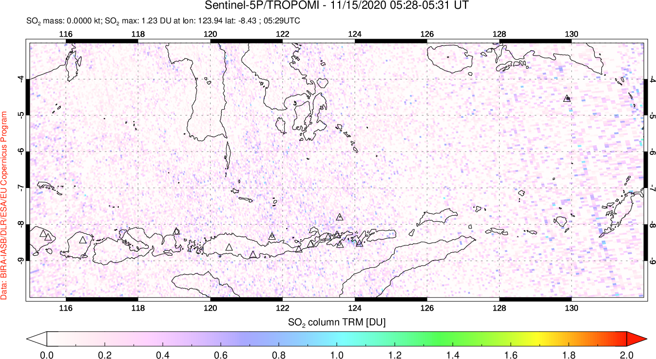 A sulfur dioxide image over Lesser Sunda Islands, Indonesia on Nov 15, 2020.