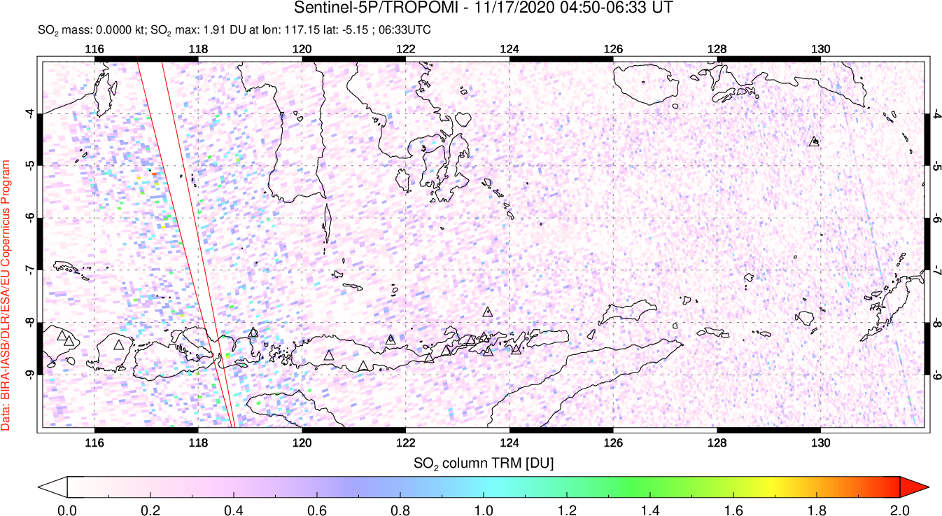 A sulfur dioxide image over Lesser Sunda Islands, Indonesia on Nov 17, 2020.