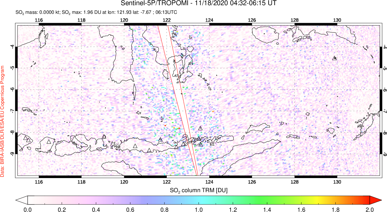 A sulfur dioxide image over Lesser Sunda Islands, Indonesia on Nov 18, 2020.