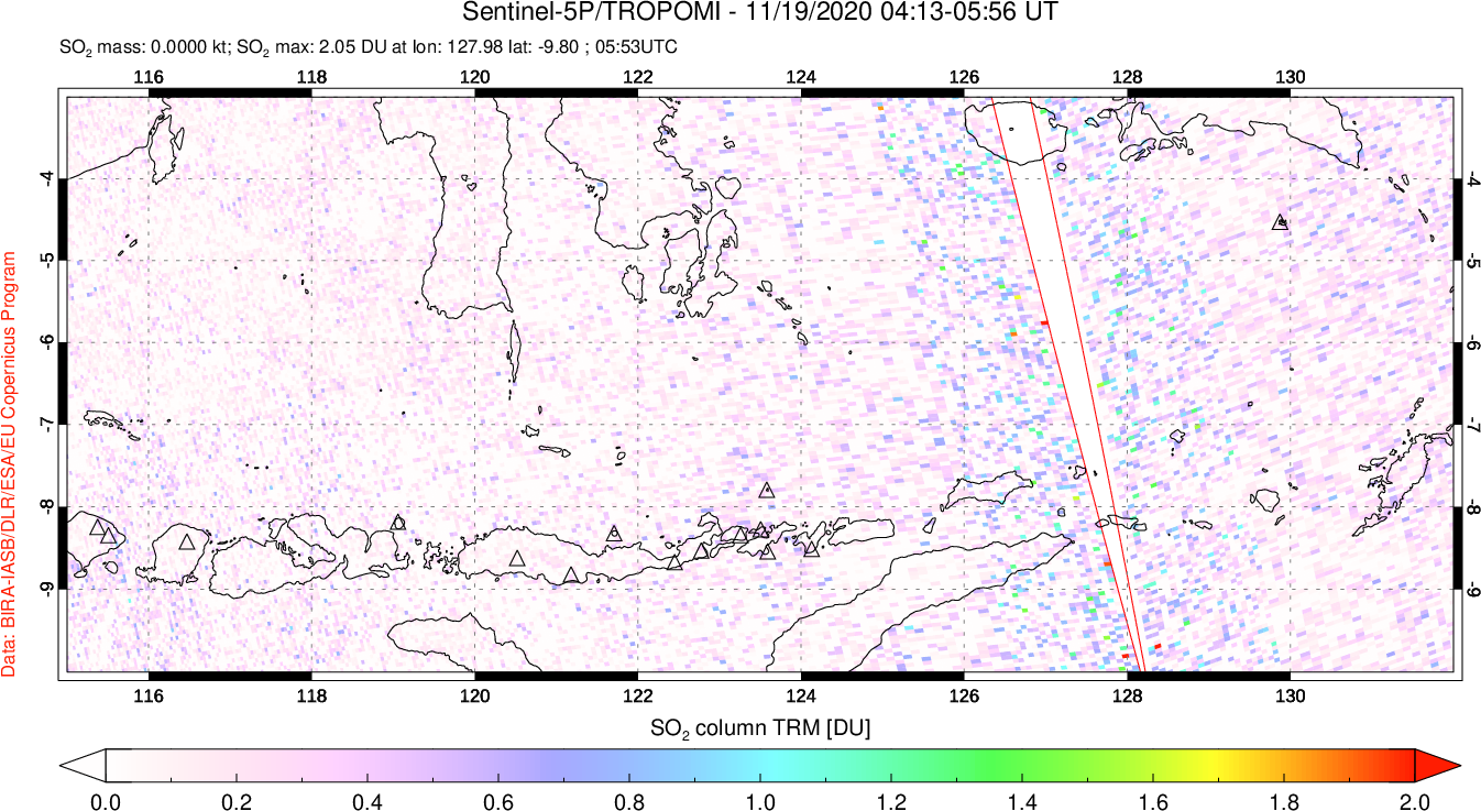 A sulfur dioxide image over Lesser Sunda Islands, Indonesia on Nov 19, 2020.