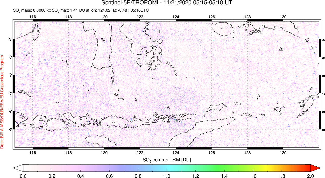 A sulfur dioxide image over Lesser Sunda Islands, Indonesia on Nov 21, 2020.