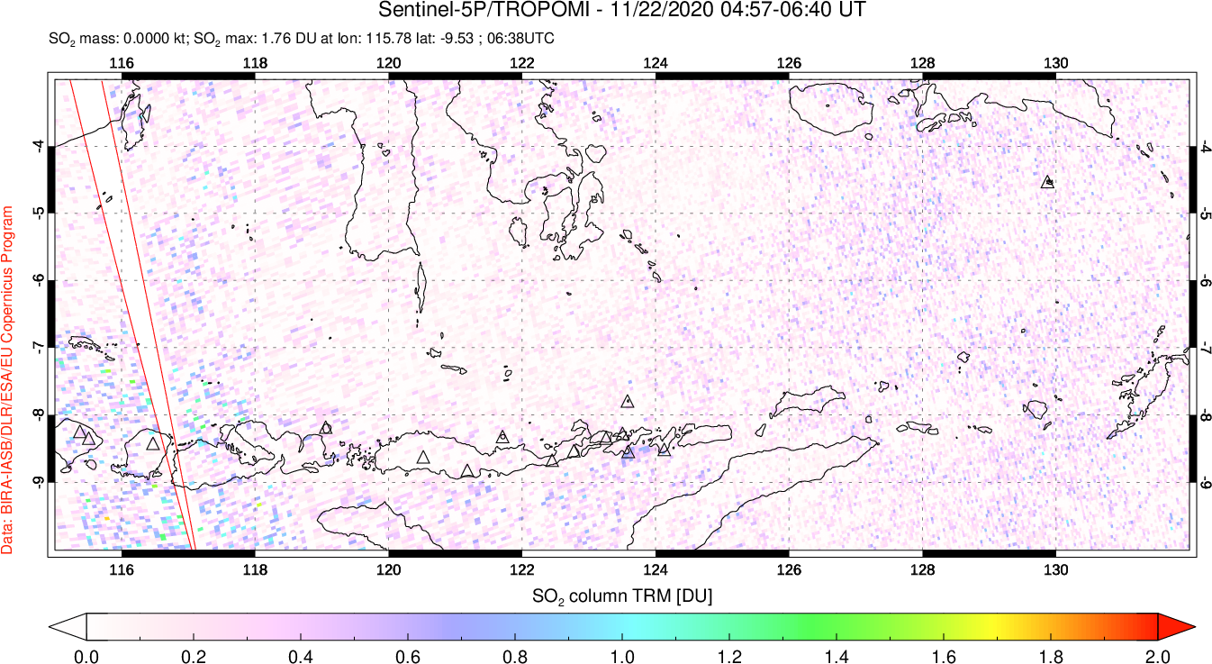 A sulfur dioxide image over Lesser Sunda Islands, Indonesia on Nov 22, 2020.